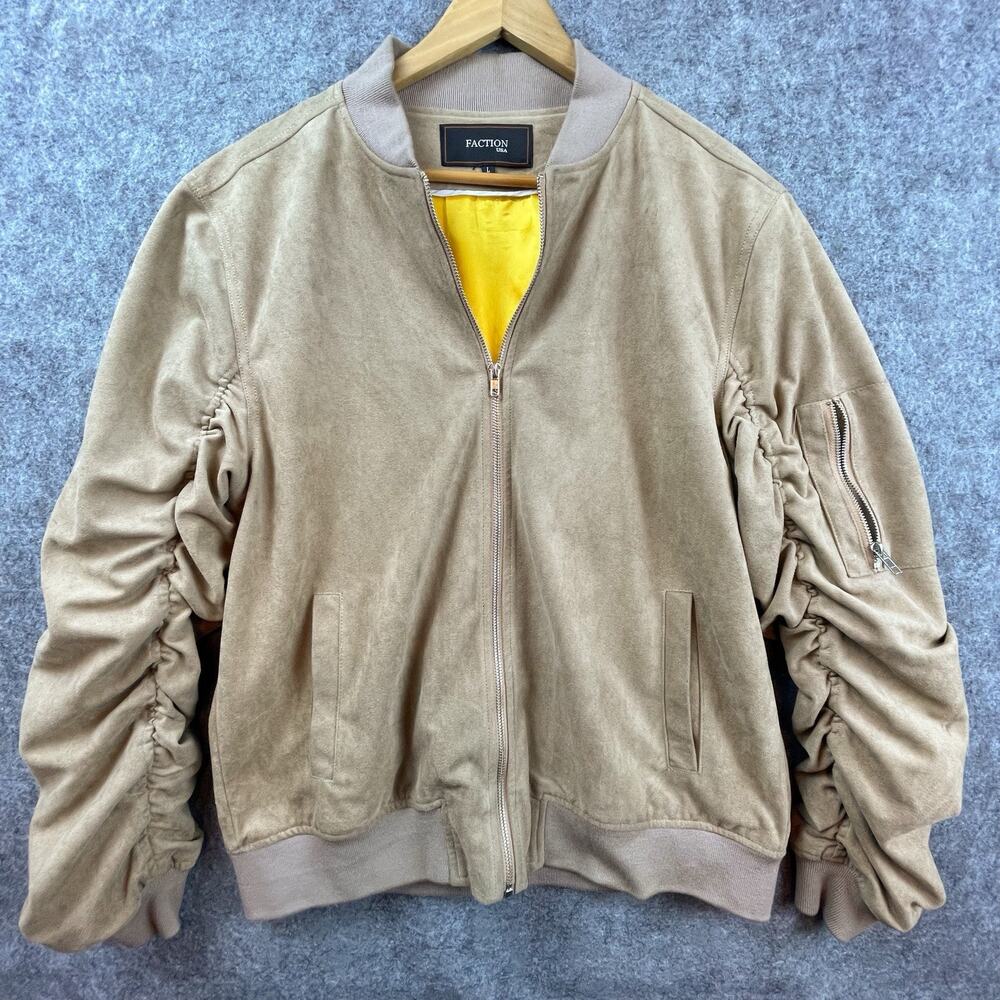 Faction Bomber Jacket Womens Large Tan Faux Suede Scrunched Ruched Sleeve Zip Up